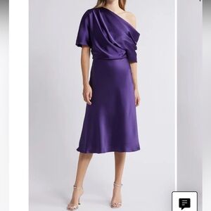 new Amsale draped One-Shoulder Fluid Satin Cocktail Midi Dress in amethyst